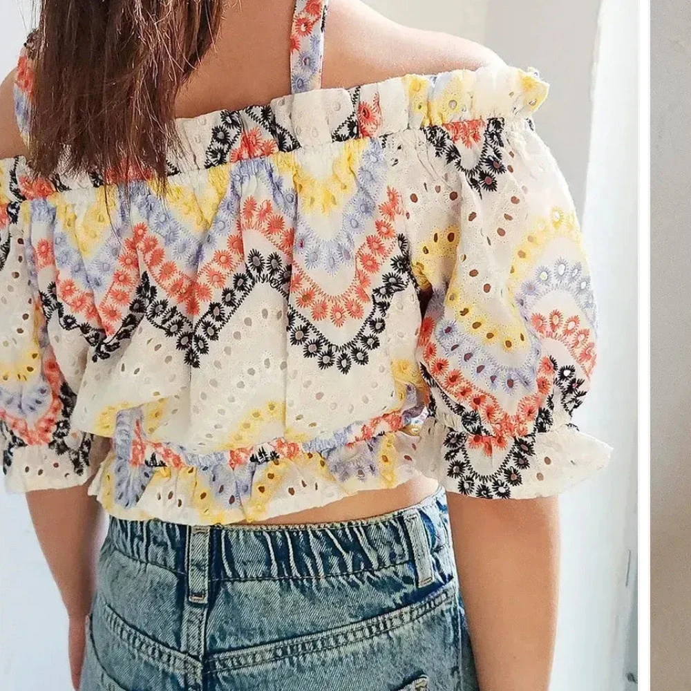 Kids Floral ruffle cold shoulder multicolor top. - Picture 3 of 5